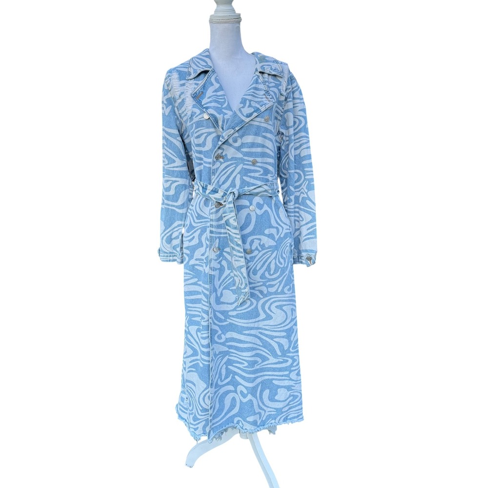 AKIRA Womens Denim Maxi Trench Coat Dress Distressed Zebra Print Belted Sizeโ L
